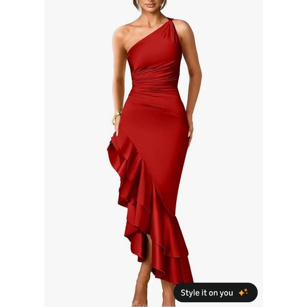 #89 MSRP $50 NWOT LAGSHIAN SATIN ONE SHOULDER RUCHED RUFFLE MAXI DRESS ♡SIZE M♡